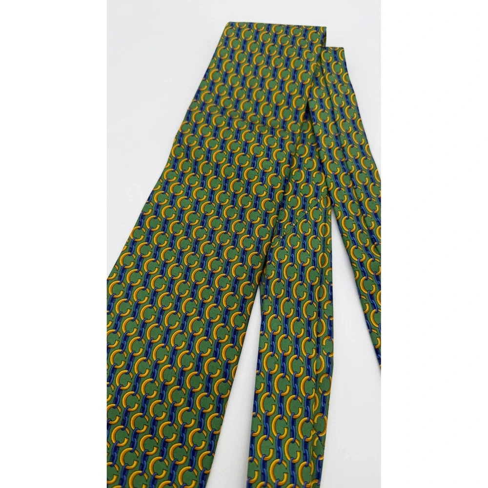 Vintage Gucci Silk Tie Green Yellow Blue Interlocking Chain Link Made in Italy